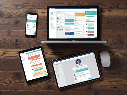 开发者社区场景，多人在线协作界面，聊天窗口和代码仓库视图，蓝色背景，明亮自然光效果