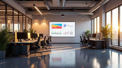 企业应用场景，办公室环境，多个显示器显示企业管理系统界面，明亮自然光效果